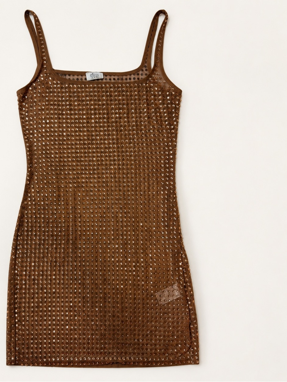 Oh Polly Rhinestone Mesh Mini Dress — Brown/Gold ✨
